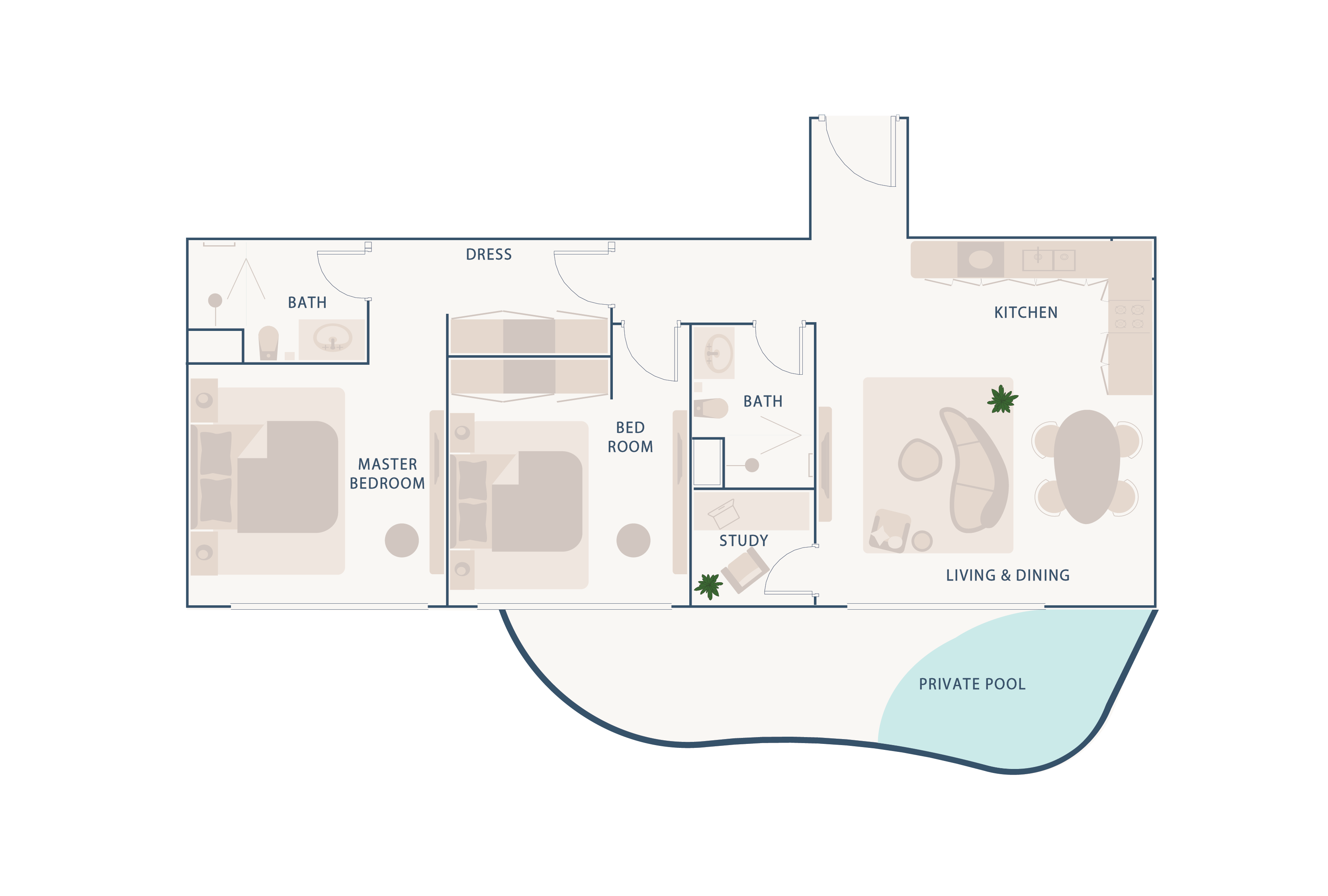 Beach Walk Residence Floor plan of a home featuring a master bedroom, additional bedroom, study, and private pool.